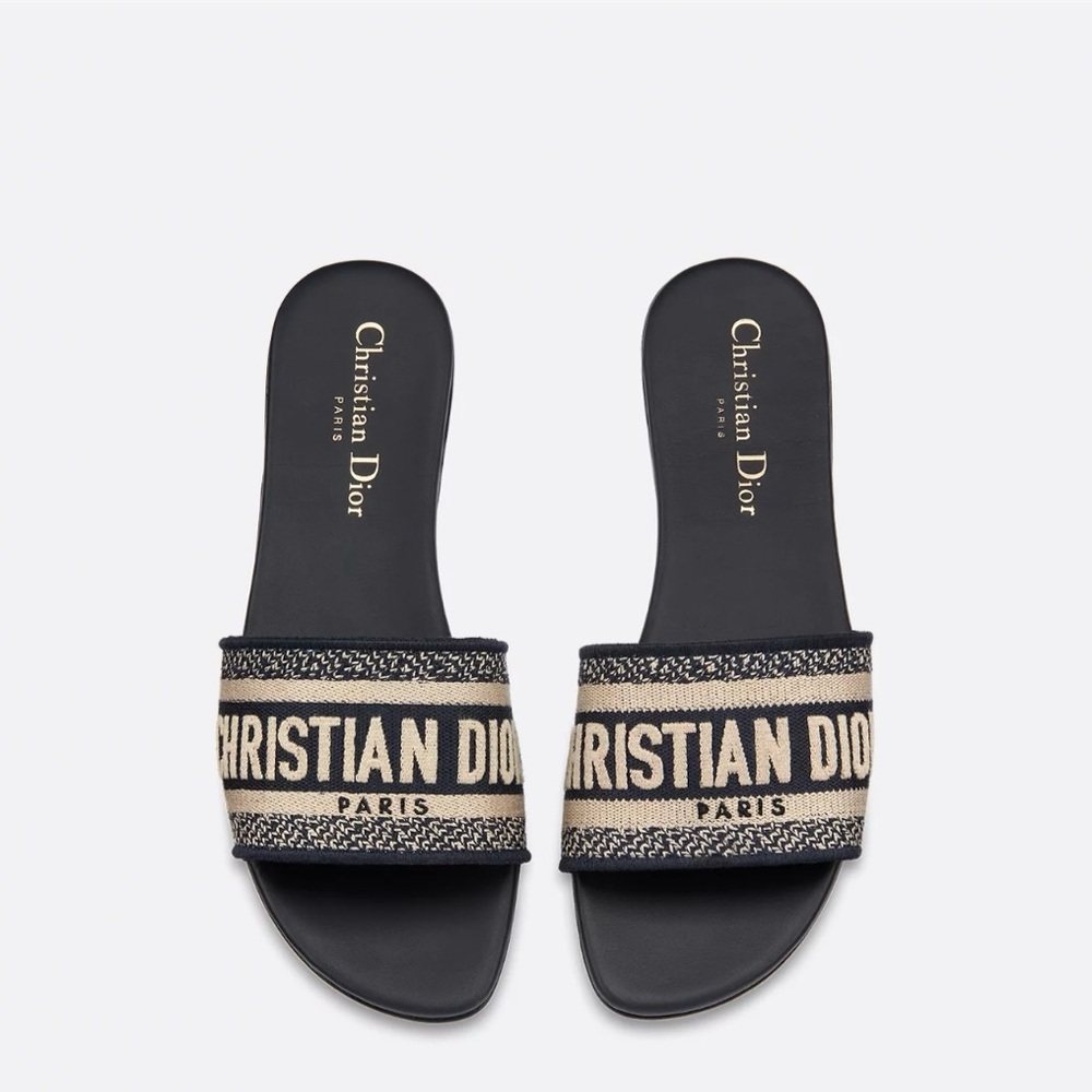 DIOR Dway Deep Blue Embroidered Cotton Slides size 39
